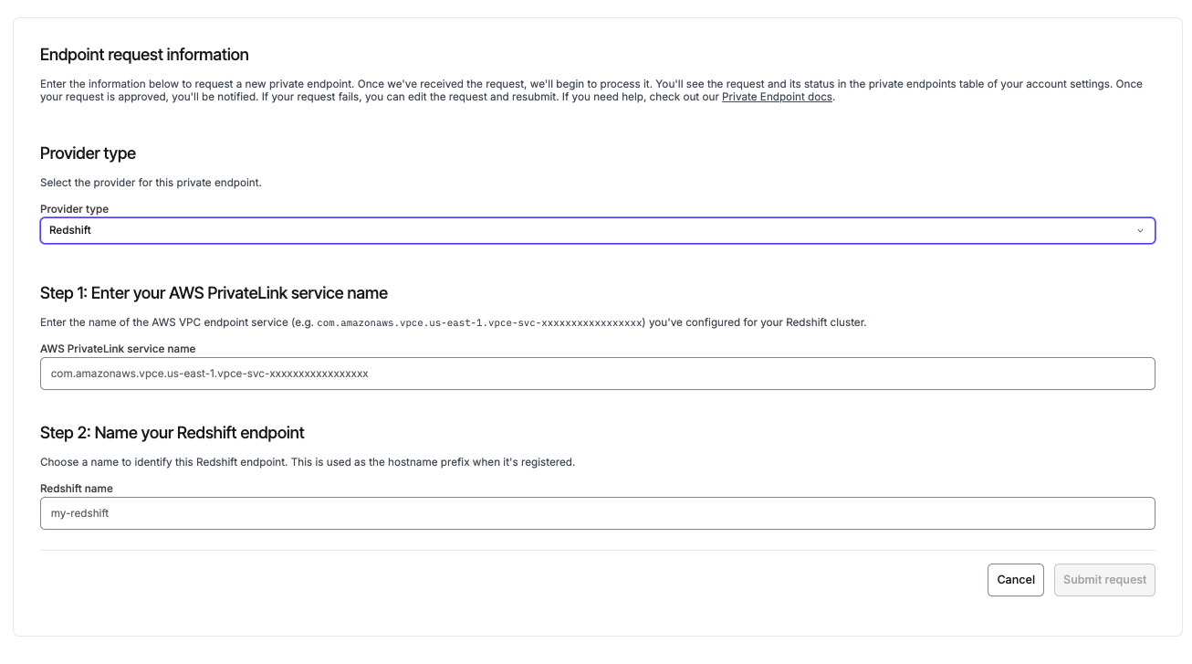 Redshift interface-type endpoint request form showing AWS PrivateLink service name and endpoint name fields