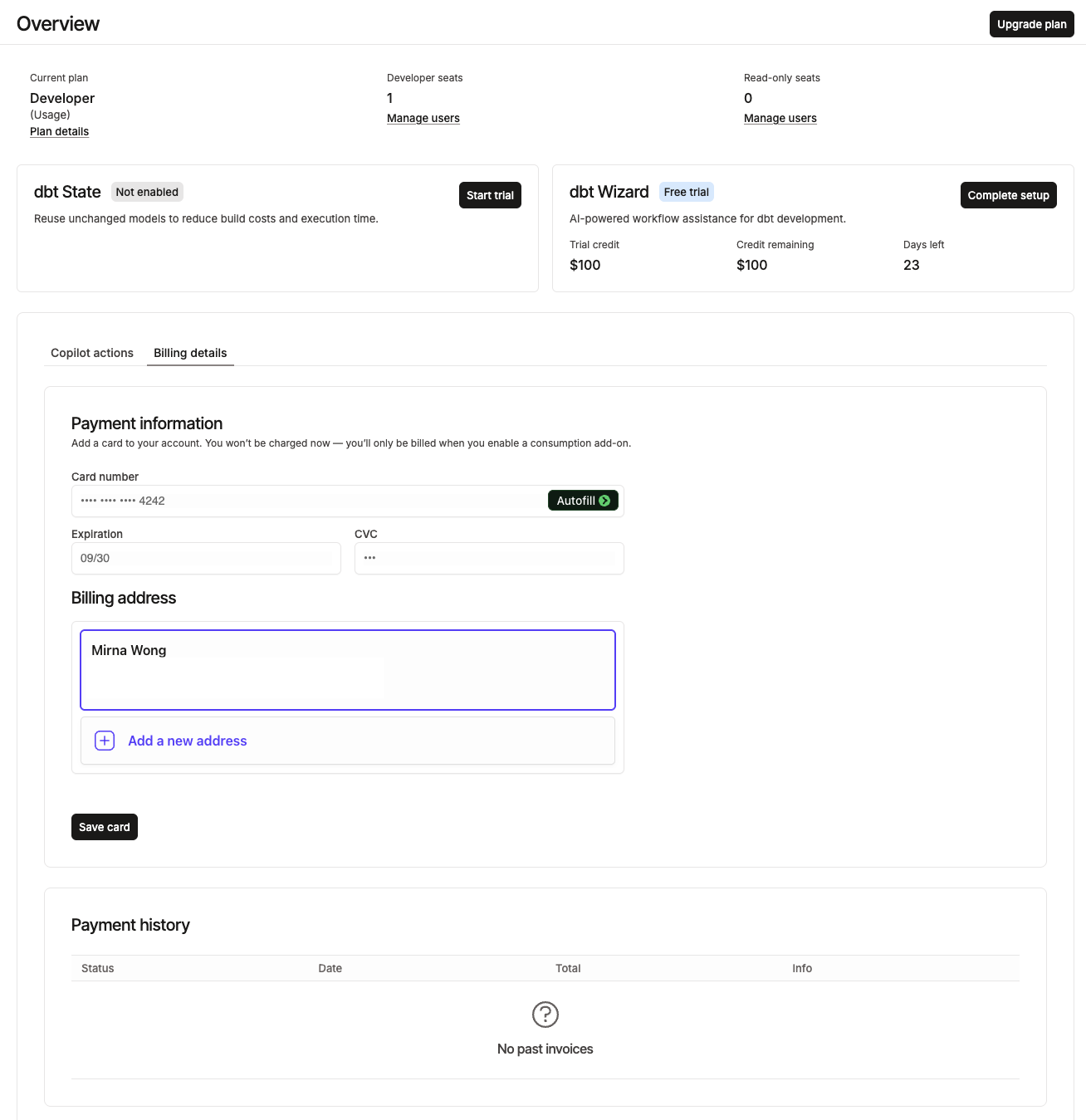 The Add billing page, showing a credit card form and a complete billing setup flow The Add billing page, showing a credit card form and a complete billing setup flow