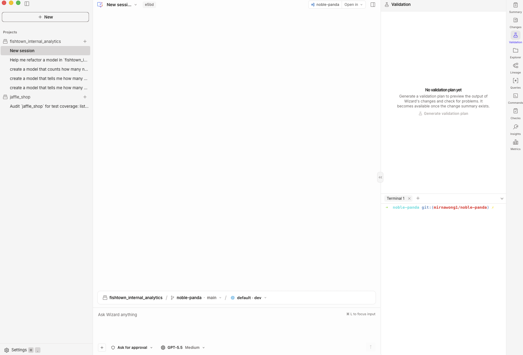 A new session, with the sidebar, chat composer, and Explorer pane A new session, with the sidebar, chat composer, and Explorer pane